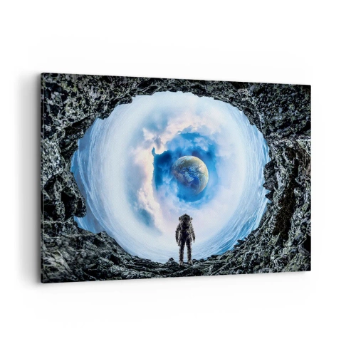 Quadro su tela - Stampe su Tela - Astronauta contro un paesaggio spaziale con la Terra sullo sfondo - 100x70cm - Già vicino a casa - Decorazione murale moderna per soggiorno e camera da letto ARTTOR