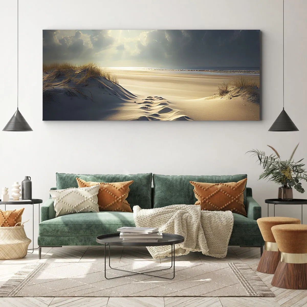 Quadro su tela - Stampe su Tela - Dune dorate sulla spiaggia al tramonto con vista sul mare - 160x50cm - Paesaggio rilassante - Decorazione murale moderna per soggiorno e camera da letto ARTTOR