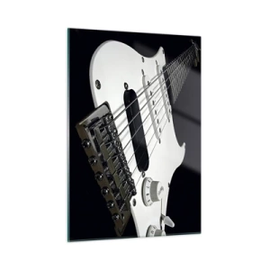 Quadro su vetro - Primo piano di una chitarra elettrica bianca su uno sfondo scuro - 50x70cm - Il suono nascosto nel bianco - Decorazione murale moderna per soggiorno e camera da letto ARTTOR