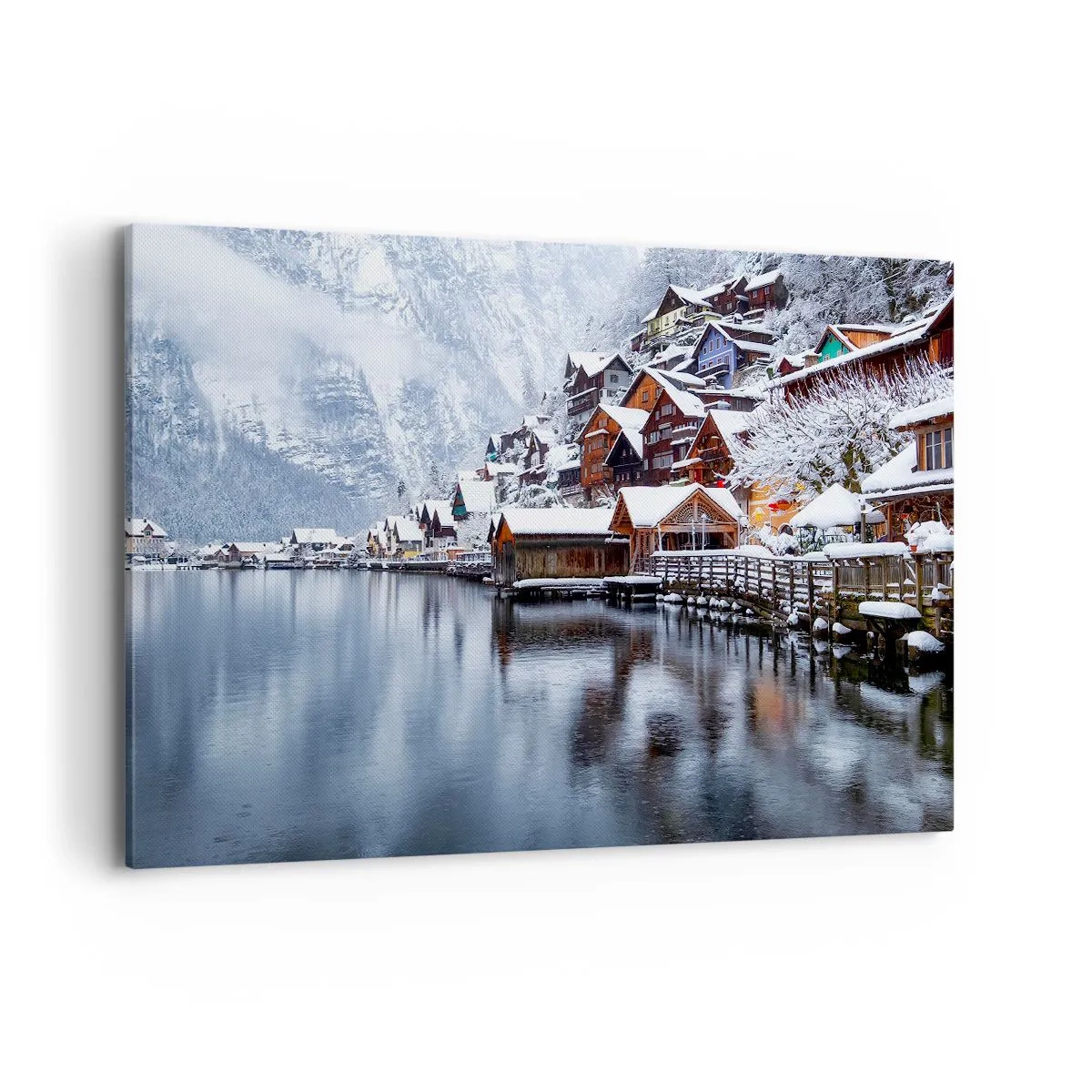Quadro su tela - Stampe su Tela - Vista invernale di un villaggio di montagna in riva al lago - 120x80cm - Decorazione invernale - Decorazione murale moderna per soggiorno e camera da letto ARTTOR