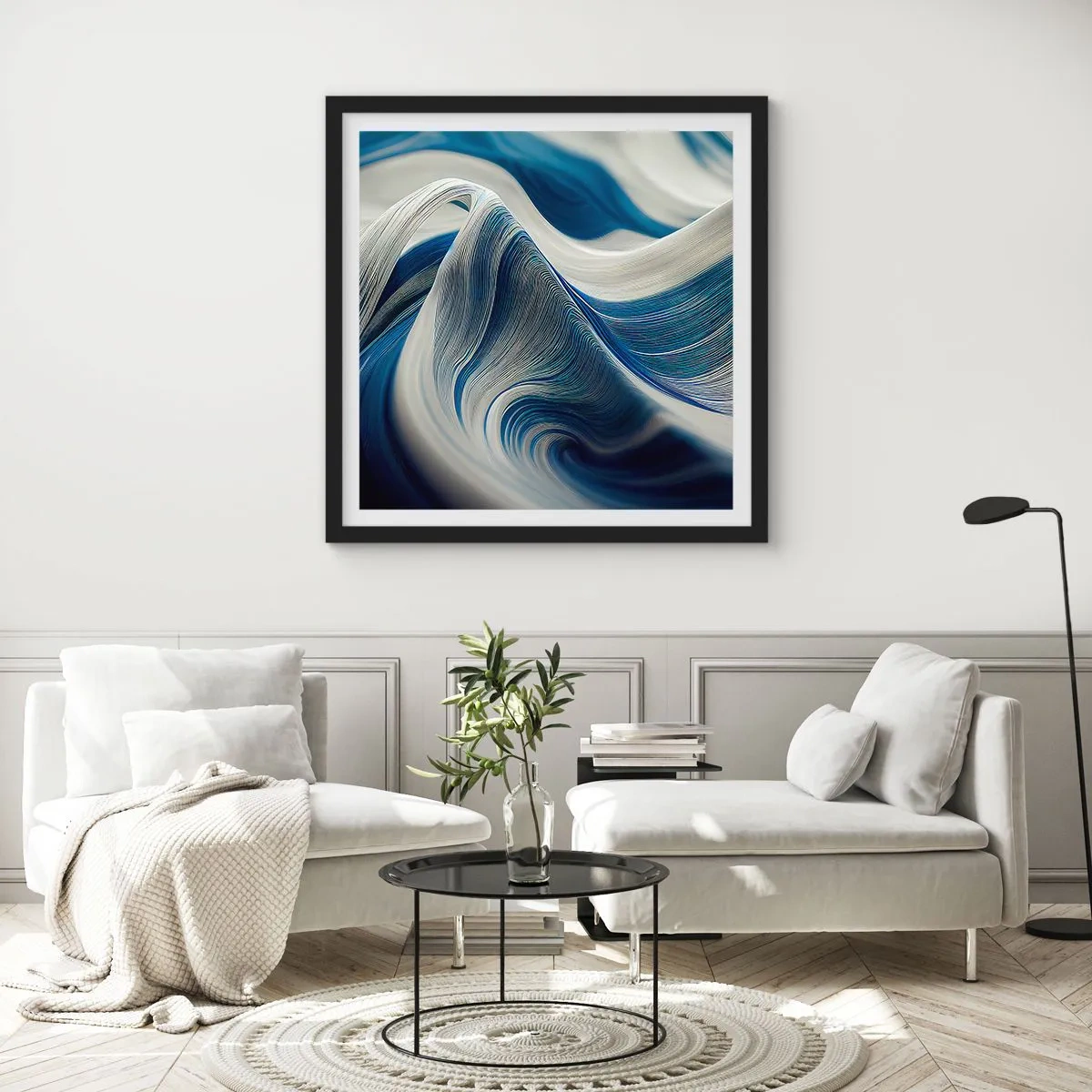 Poster in cornice nera - Fluidità di blu e di bianco - 30x30 cm