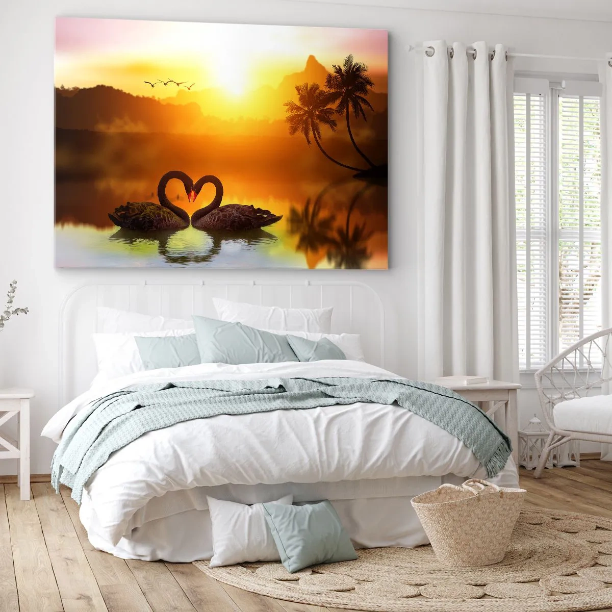 Quadro su tela - Stampe su Tela - Due cigni neri formano un cuore sullo sfondo di un tramonto sul lago - 120x80cm - Tutto in coppia - Decorazione murale moderna per soggiorno e camera da letto ARTTOR