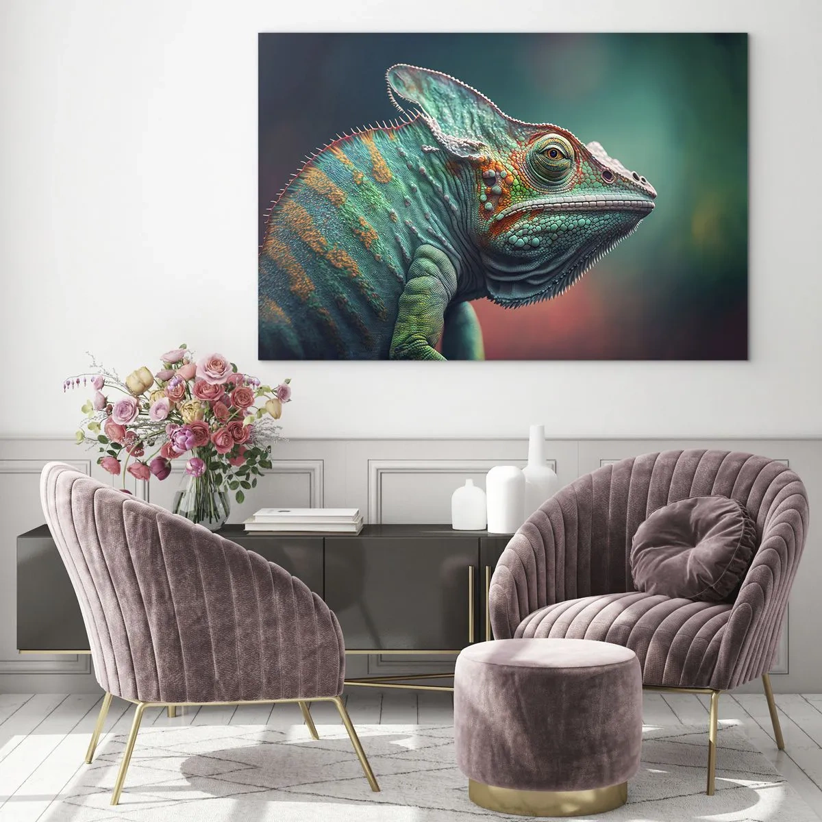 Quadro su vetro - Un camaleonte colorato su uno sfondo sfocato illuminato da una luce intensa. - 70x50cm - Mi vedi? Non va bene... - Decorazione murale moderna per soggiorno e camera da letto ARTTOR