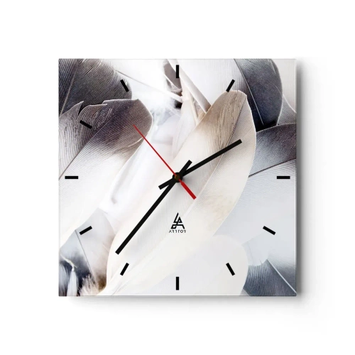 Orologio da parete - Orologio in Vetro - Primo piano di piume delicate nelle tonalità del bianco e del grigio - 30x30cm - Quasi angeliche - Decorazione murale moderna per soggiorno e camera da letto ARTTOR