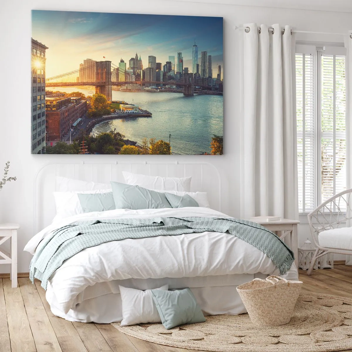 Quadro su tela - Stampe su Tela - Panorama della città con il ponte al tramonto - 100x70cm - L'alba nella grande città - Decorazione murale moderna per soggiorno e camera da letto ARTTOR