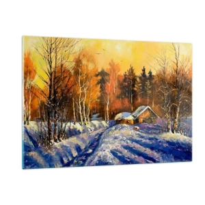 Quadro su vetro - Paesaggio invernale con una casetta di legno al tramonto - 120x80cm - Impressionismo invernale al sole - Decorazione murale moderna per soggiorno e camera da letto ARTTOR