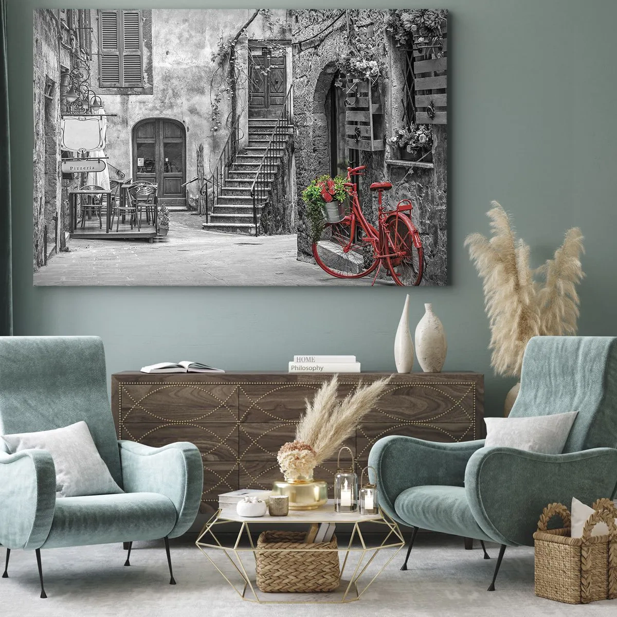 Quadro su tela - Stampe su Tela - Una bicicletta rossa in una strada bianca e nera - 70x50cm - Angolo toscano - Decorazione murale moderna per soggiorno e camera da letto ARTTOR