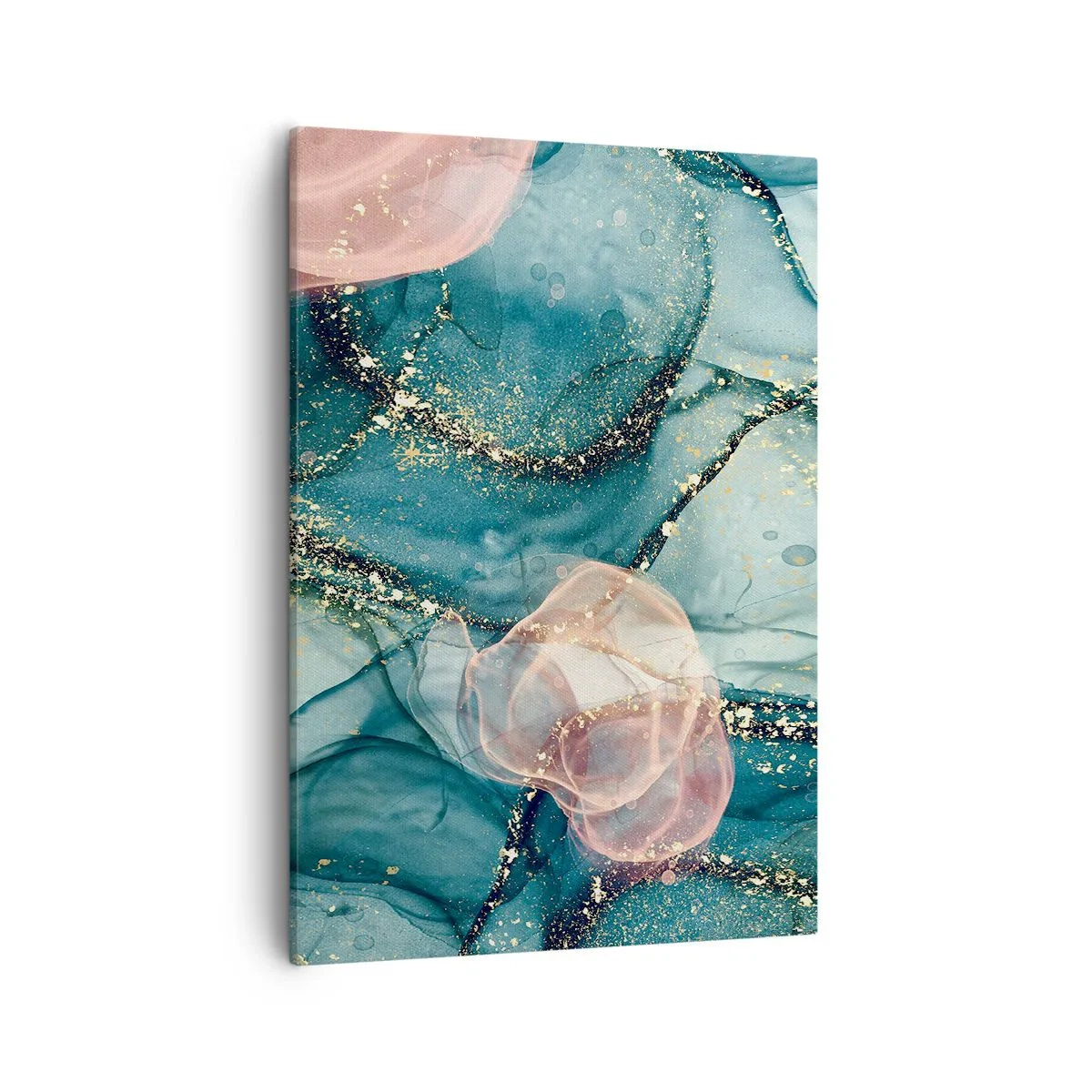 Quadro su tela - Stampe su Tela - Una composizione astratta nei toni del turchese e dell'oro. - 50x70cm - Blu di seta, rosa di tulle - Decorazione murale moderna per soggiorno e camera da letto ARTTOR