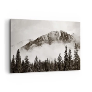 Quadro su tela - Stampe su Tela - Una pittoresca cima di montagna circondata dalla nebbia e da una foresta color seppia - 100x70cm - Il sovrano di granito - Decorazione murale moderna per soggiorno e camera da letto ARTTOR