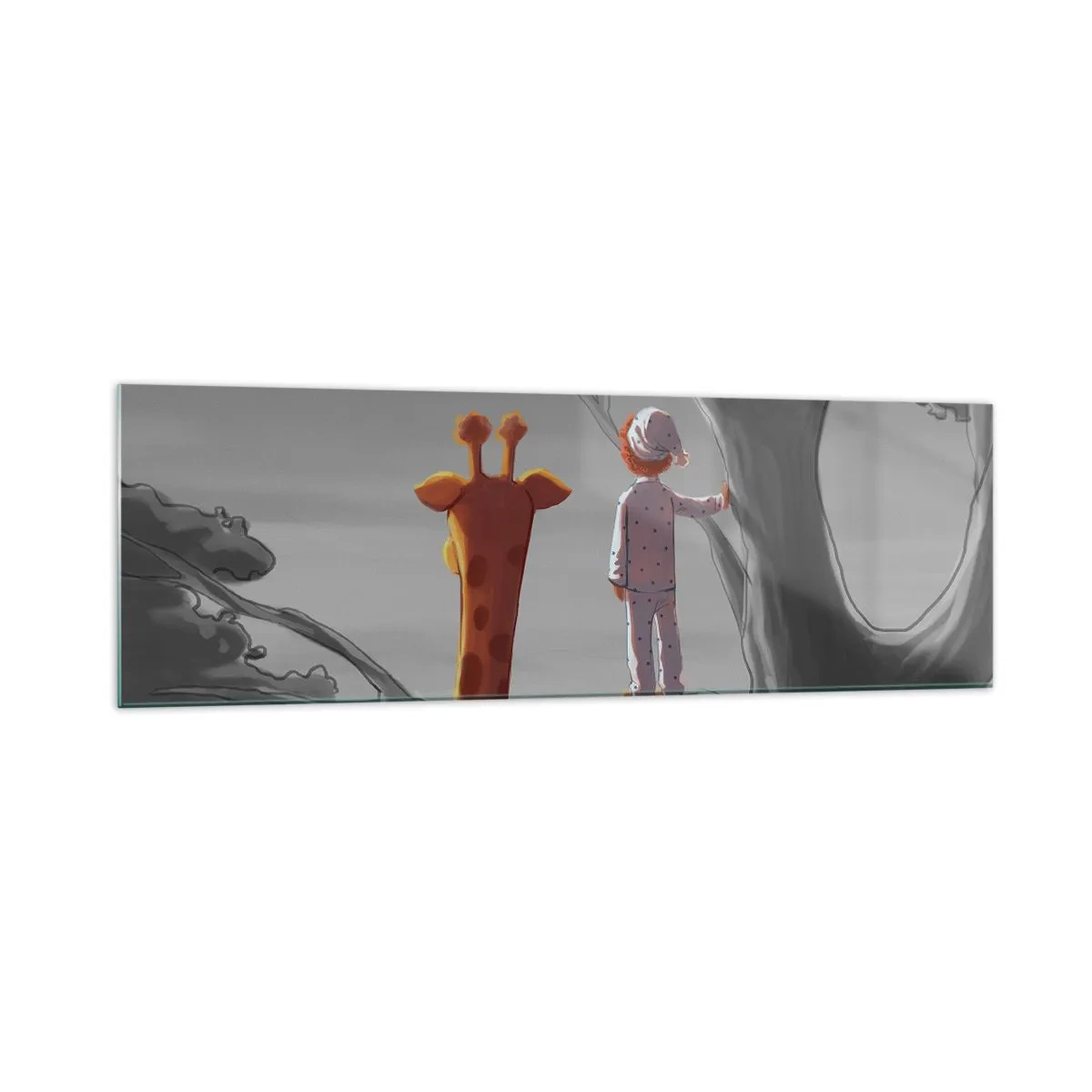 Quadro su vetro - Un bambino e una giraffa su un ramo di un albero in un paesaggio da favola - 160x50cm - Sta succedendo davvero - Decorazione murale moderna per soggiorno e camera da letto ARTTOR