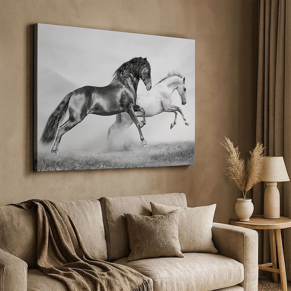Quadro su tela - Stampe su Tela - Due cavalli al galoppo in una composizione dinamica in bianco e nero - 70x50cm - Angeli e demoni - Decorazione murale moderna per soggiorno e camera da letto ARTTOR