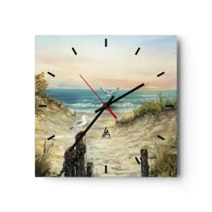 Orologio da parete - Orologio in Vetro - Costa con gabbiani e dune al tramonto - 30x30cm - Silenzio senza vento - Decorazione murale moderna per soggiorno e camera da letto ARTTOR