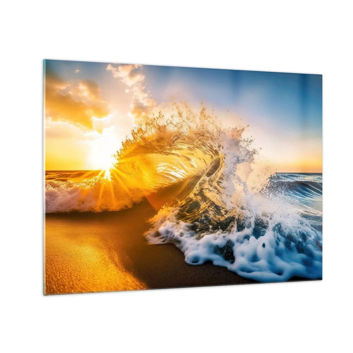 Quadro su vetro - Un'onda che si infrange sulla riva, illuminata dai raggi del sole al tramonto - 70x50cm - Gioco sulla sabbia - Decorazione murale moderna per soggiorno e camera da letto ARTTOR