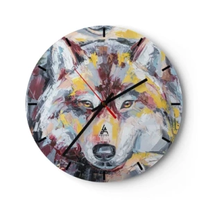 Orologio da parete - Orologio in Vetro - Un ritratto colorato di un lupo dipinto con pennellate espressive. - 30x30cm - Pace tra i suoi - Decorazione murale moderna per soggiorno, cucina e camera da letto ARTTOR
