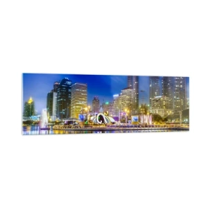 Quadro su vetro - Panorama notturno della città con luci riflesse sull'acqua - 160x50cm - Notte multicolore della metropoli - Decorazione murale moderna per soggiorno e camera da letto ARTTOR