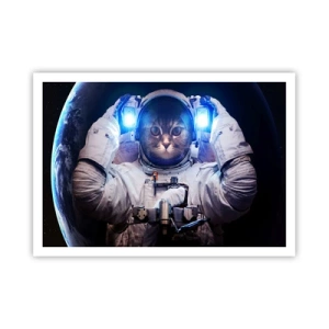 Poster - Un gatto in tuta da astronauta con la Terra sullo sfondo e una luce intensa. - 100x70cm - Houston, avete un problema - Decorazione murale moderna per soggiorno e camera da letto ARTTOR