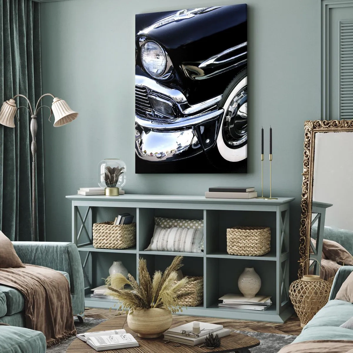 Quadro su tela - Stampe su Tela - Primo piano del faro e del parafango di un'auto classica nera - 80x120cm - Classicità in argento, nero e bianco - Decorazione murale moderna per soggiorno e camera da letto ARTTOR