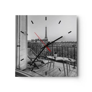 Orologio da parete - Orologio in Vetro - Vista della Torre Eiffel dal balcone con sedie a sdraio e tavolo - 30x30cm - Pomeriggio parigino - Decorazione murale moderna per soggiorno e camera da letto ARTTOR