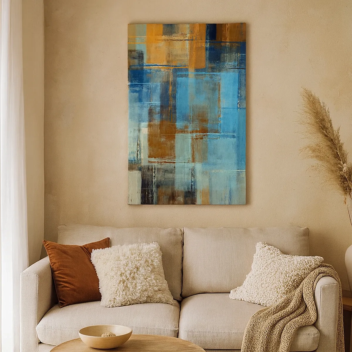 Quadro su tela - Stampe su Tela - Composizione geometrica astratta nei toni del blu e del marrone - 50x70cm - Attraverso la tenda blu - Decorazione murale moderna per soggiorno e camera da letto ARTTOR