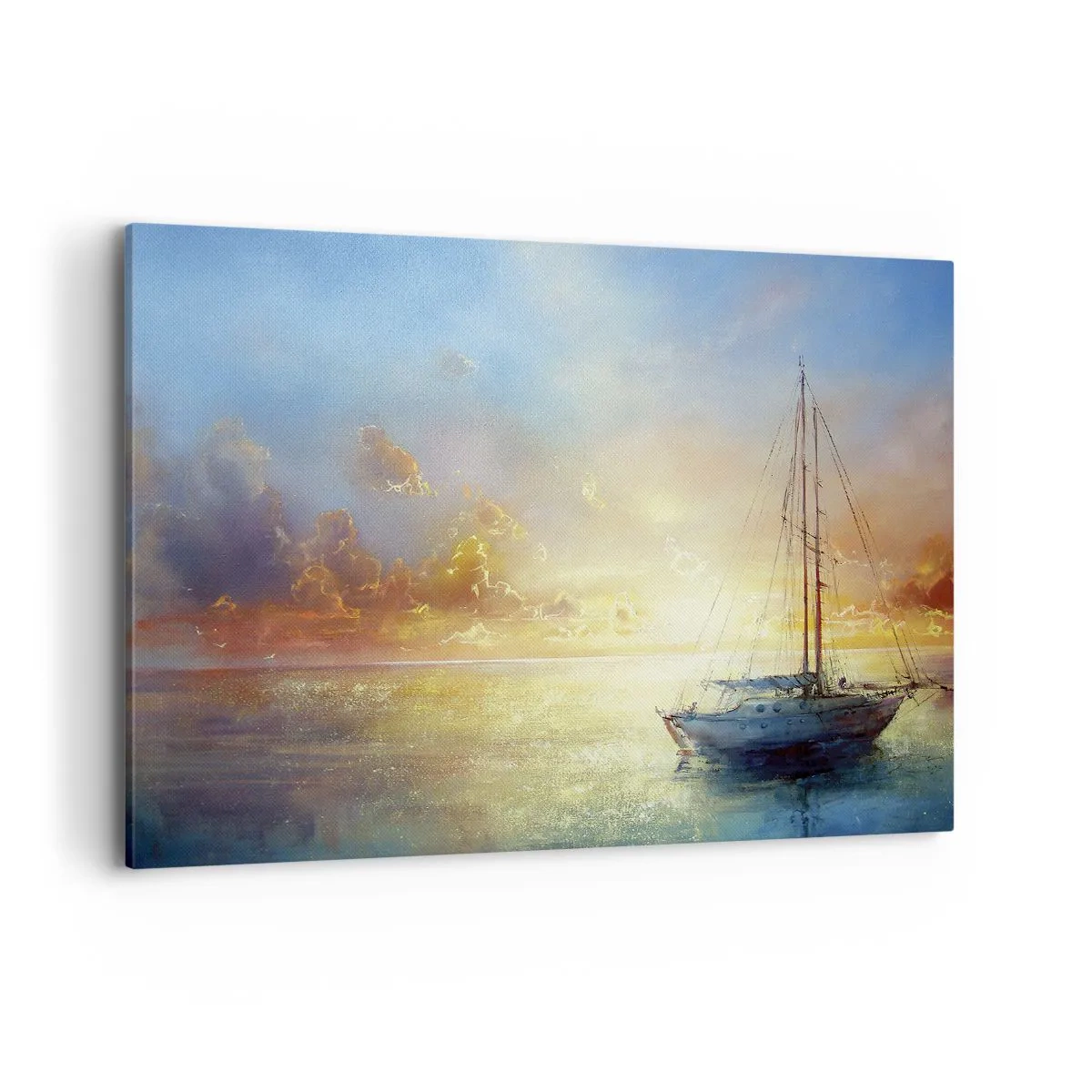 Quadro su tela - Stampe su Tela - Uno yacht su un mare calmo al tramonto - 100x70cm - Nella baia dorata - Decorazione murale moderna per soggiorno e camera da letto ARTTOR