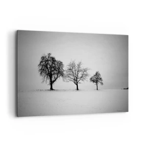 Quadro su tela - Stampe su Tela - Tre alberi in un campo innevato in stile monocromatico - 120x80cm - Cosa sognano? - Decorazione murale moderna per soggiorno e camera da letto ARTTOR