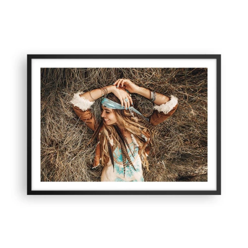 Poster in cornice nera - Donna in stile boho sdraiata sul fieno - 70x50cm - Verso gli anni dell'amore - Decorazione murale moderna per soggiorno e camera da letto ARTTOR