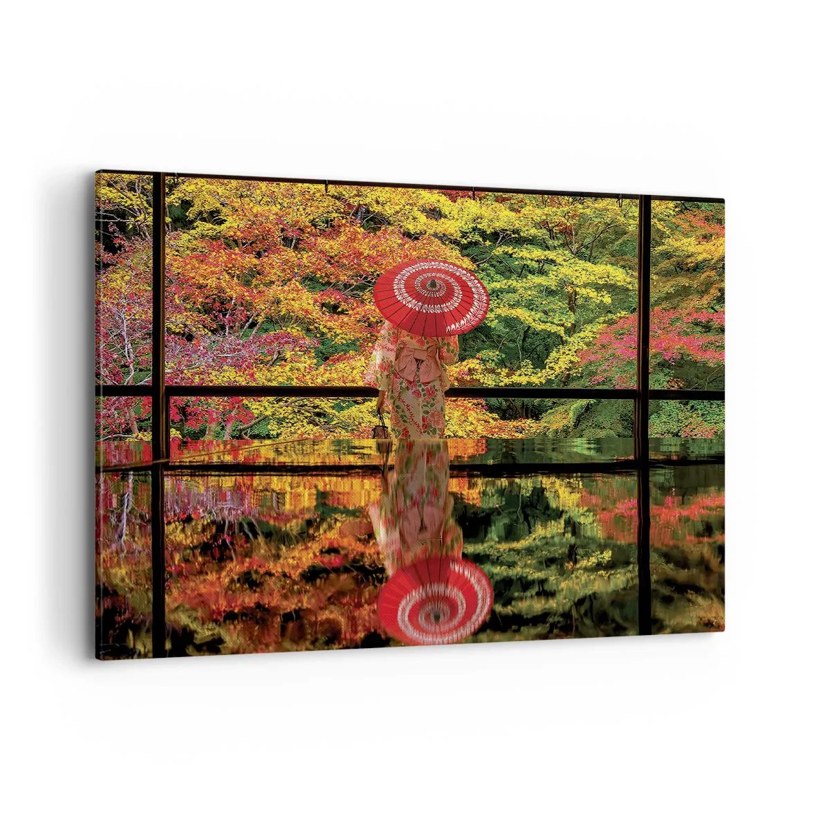 Quadro su tela - Stampe su Tela - Una donna in kimono con un ombrello sullo sfondo di un paesaggio autunnale. - 100x70cm - Nel tempio della natura - Decorazione murale moderna per soggiorno e camera da letto ARTTOR