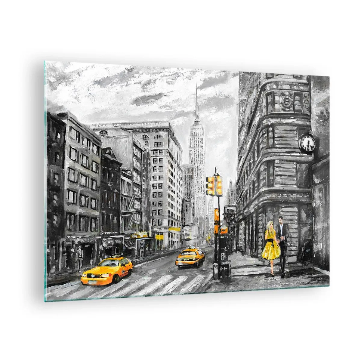 Quadro su vetro - Un'illustrazione della città di New York nei toni del bianco e del nero con accenti gialli. - 70x50cm - Racconto di New York - Decorazione murale moderna per soggiorno e camera da letto ARTTOR