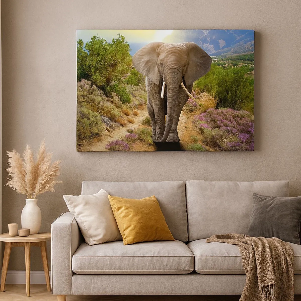 Quadro su tela - Stampe su Tela - Un elefante africano sullo sfondo di una savana e di un paesaggio montuoso - 70x50cm - Così era il paradiso - Decorazione murale moderna per soggiorno e camera da letto ARTTOR