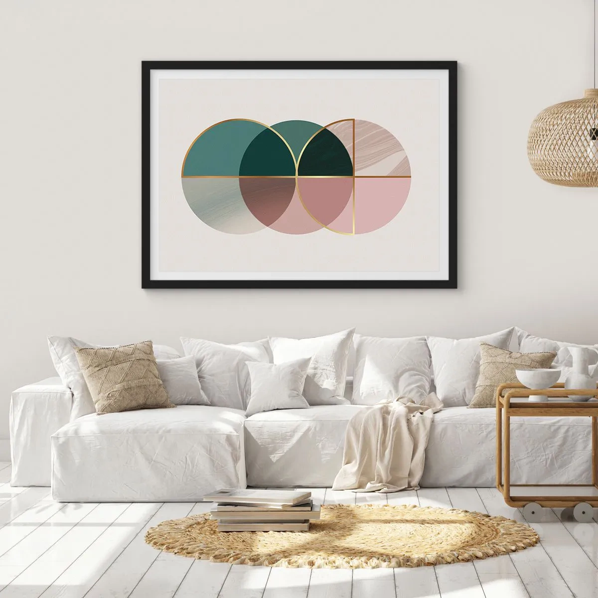 Poster in cornice nera - Una composizione astratta di forme geometriche e linee dorate. - 70x50cm - Un cerchio dietro l'altro... - Decorazione murale moderna per soggiorno e camera da letto ARTTOR