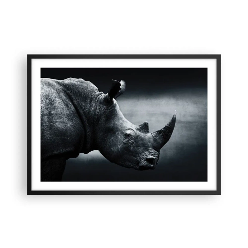 Poster in cornice nera - Ritratto in bianco e nero di un rinoceronte su sfondo scuro - 70x50cm - Profilo destro - Decorazione murale moderna per soggiorno e camera da letto ARTTOR