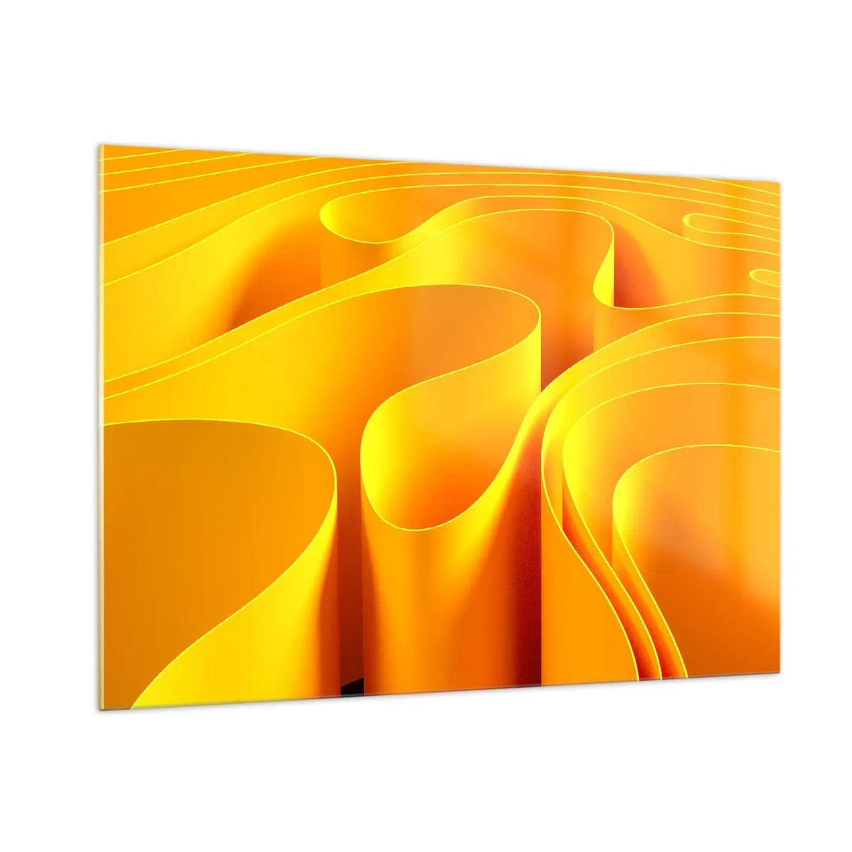 Quadro su vetro - Onde astratte nei toni dell'oro e dell'arancione - 100x70cm - Come onde di sole - Decorazione murale moderna per soggiorno e camera da letto ARTTOR