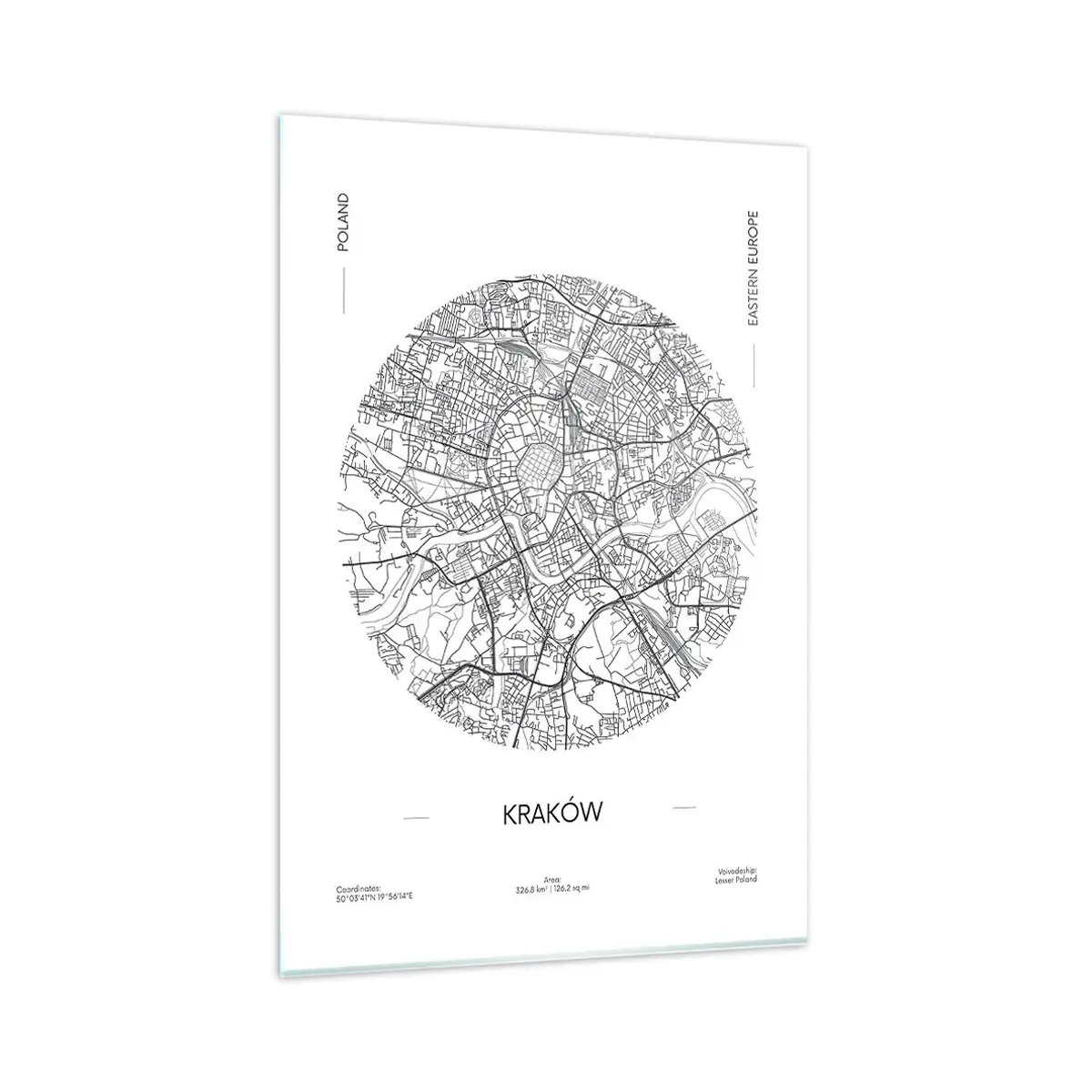 Quadro su vetro - Una mappa di Cracovia in stile minimalista - 80x120cm - Anatomia di Cracovia - Decorazione murale moderna per soggiorno e camera da letto ARTTOR