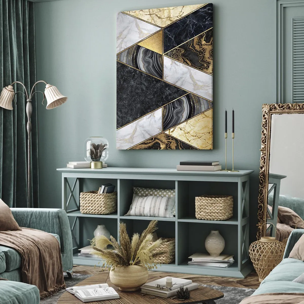 Quadro su tela - Stampe su Tela - Triangoli geometrici in oro, marmo e tonalità scure - 80x120cm - Pietra su pietra - Decorazione murale moderna per soggiorno e camera da letto ARTTOR