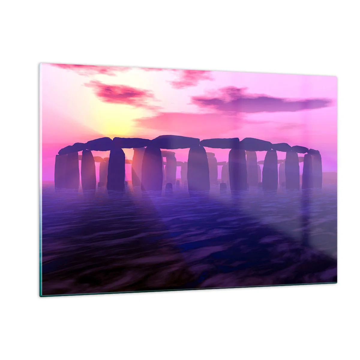 Quadro su vetro - Stonehenge alla luce di un tramonto rosa - 120x80cm - Mistero in un'alba nebbiosa - Decorazione murale moderna per soggiorno e camera da letto ARTTOR