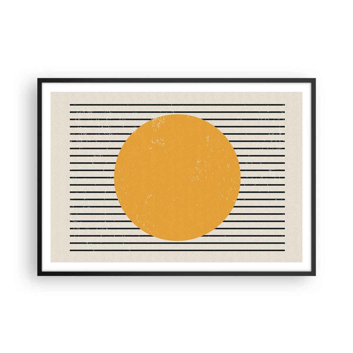Poster in cornice nera - Un cerchio giallo su uno sfondo di linee orizzontali bianche e nere - 100x70cm - La forza della semplicità - Decorazione murale moderna per soggiorno e camera da letto ARTTOR