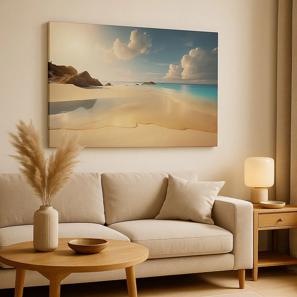 Quadro su tela - Stampe su Tela - Una spiaggia soleggiata con mare azzurro e rocce - 70x50cm - Giornata ideale - Decorazione murale moderna per soggiorno e camera da letto ARTTOR
