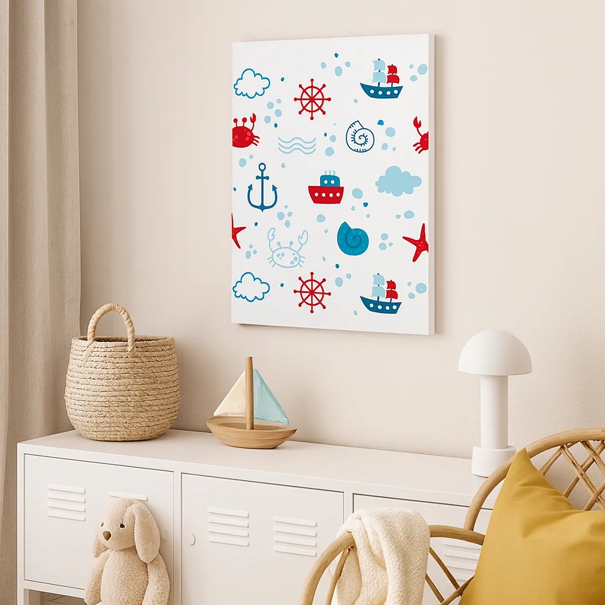 Quadro su tela - Stampe su Tela - Motivo nautico con ancore, navi e granchi - 50x70cm - Favola nel mare - Decorazione murale moderna per soggiorno e camera da letto ARTTOR