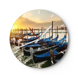Orologio da parete - Orologio in Vetro - Gondole ormeggiate sull'acqua al tramonto con vista sulla città - 30x30cm - Prima che arrivi il frastuono - Decorazione murale moderna per soggiorno, cucina e camera da letto ARTTOR