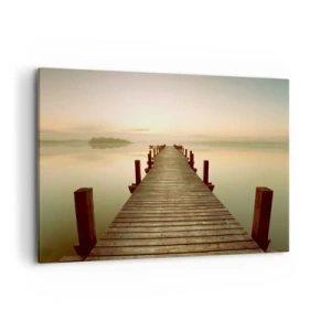 Quadro su tela - Stampe su Tela - Un molo di legno su un lago calmo al mattino - 120x80cm - Aurora, alba, luce - Decorazione murale moderna per soggiorno e camera da letto ARTTOR