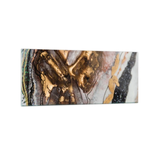 Quadro su vetro - Composizione astratta con elementi in oro e cristalli - 120x50cm - L'elemento della terra - Decorazione murale moderna per soggiorno e camera da letto ARTTOR