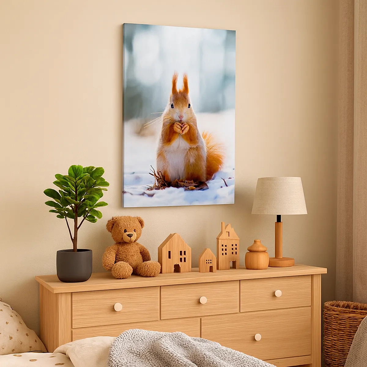 Quadro su tela - Stampe su Tela - Uno scoiattolo in un paesaggio invernale - 50x70cm - Che cosa guardi? - Decorazione murale moderna per soggiorno e camera da letto ARTTOR