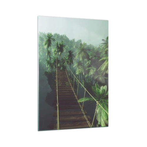 Quadro su vetro - Un ponte sospeso in una foresta tropicale circondato dalla nebbia. - 70x100cm - Nel vortice del verde - Decorazione murale moderna per soggiorno e camera da letto ARTTOR