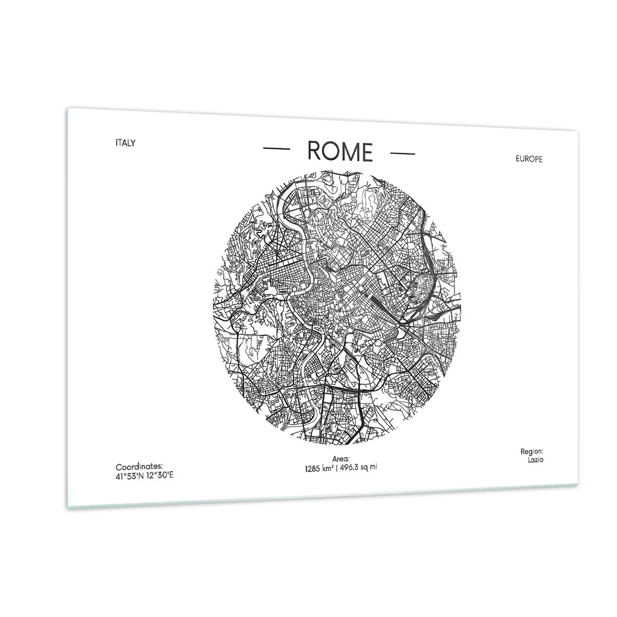 Quadro su vetro - Una mappa di Roma sotto forma di disegno stradale dettagliato - 120x80cm - Anatomia di Roma - Decorazione murale moderna per soggiorno e camera da letto ARTTOR