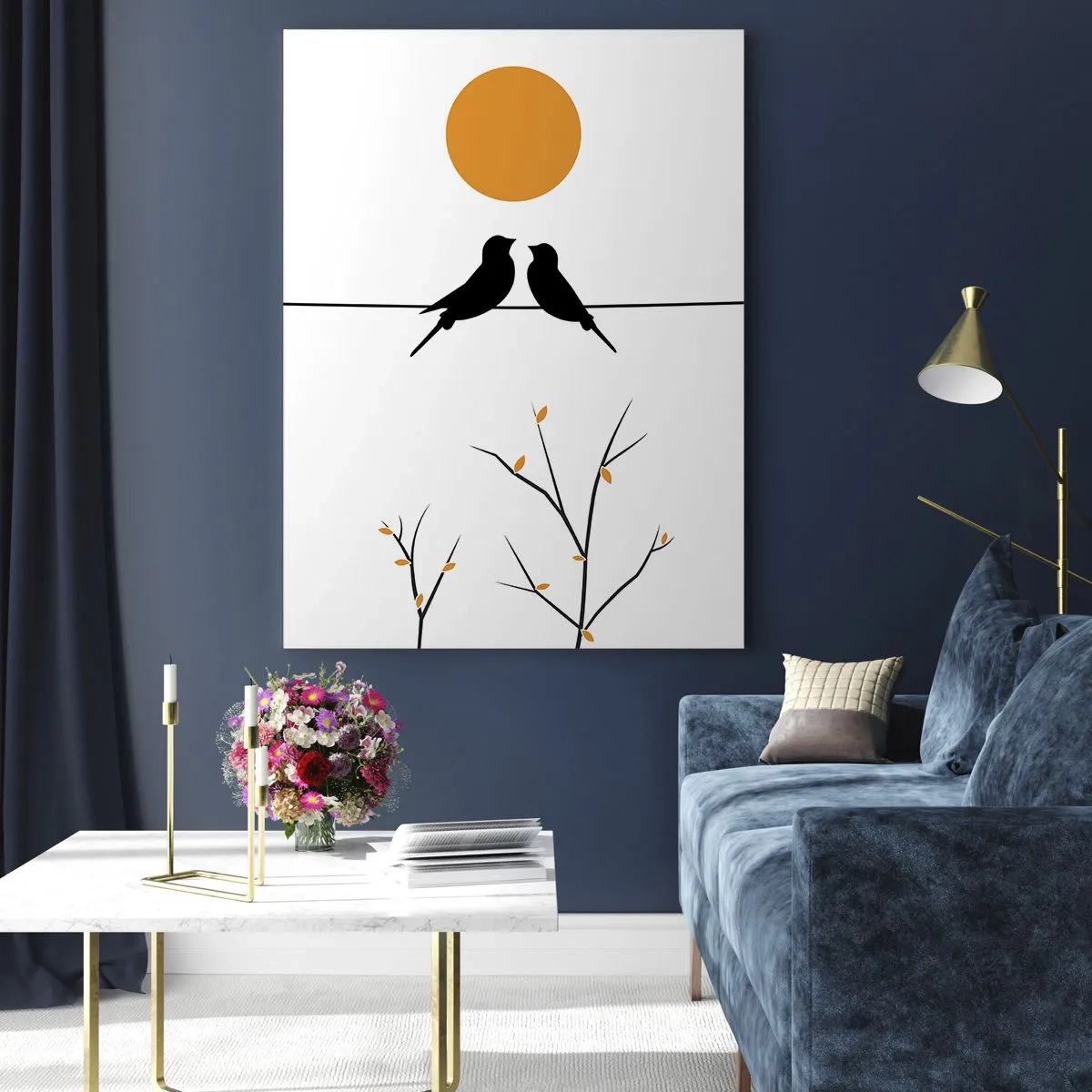 Quadro su vetro - Uccelli su una linea con un sole giallo - 70x100cm - Sera da usignoli - Decorazione murale moderna per soggiorno e camera da letto ARTTOR