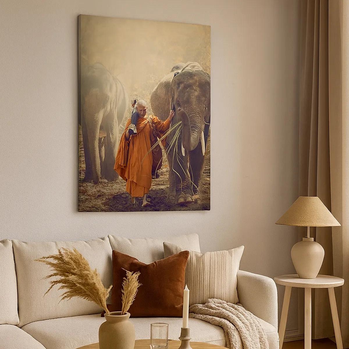 Quadro su tela - Stampe su Tela - Un monaco con una tunica arancione guida un elefante nella foresta. - 50x70cm - Comprensione perfetta - Decorazione murale moderna per soggiorno e camera da letto ARTTOR