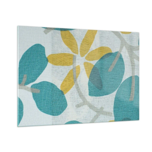 Quadro su vetro - Un grafico vegetale con foglie azzurre e fiori gialli - 100x70cm - Tra le foglie azzurre - Decorazione murale moderna per soggiorno e camera da letto ARTTOR