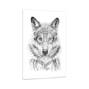 Quadro su vetro - Schizzo di una testa di lupo in stile monocromatico su sfondo bianco - 80x120cm - Condottiero nato - Decorazione murale moderna per soggiorno e camera da letto ARTTOR