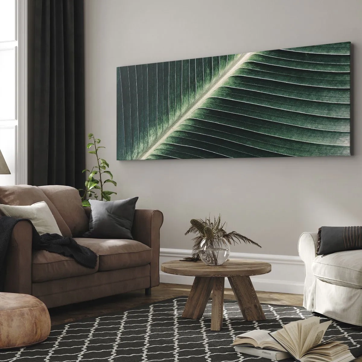 Quadro su tela - Stampe su Tela - Primo piano della struttura di una foglia verde - 160x50cm - Il ritmo della natura - Decorazione murale moderna per soggiorno e camera da letto ARTTOR