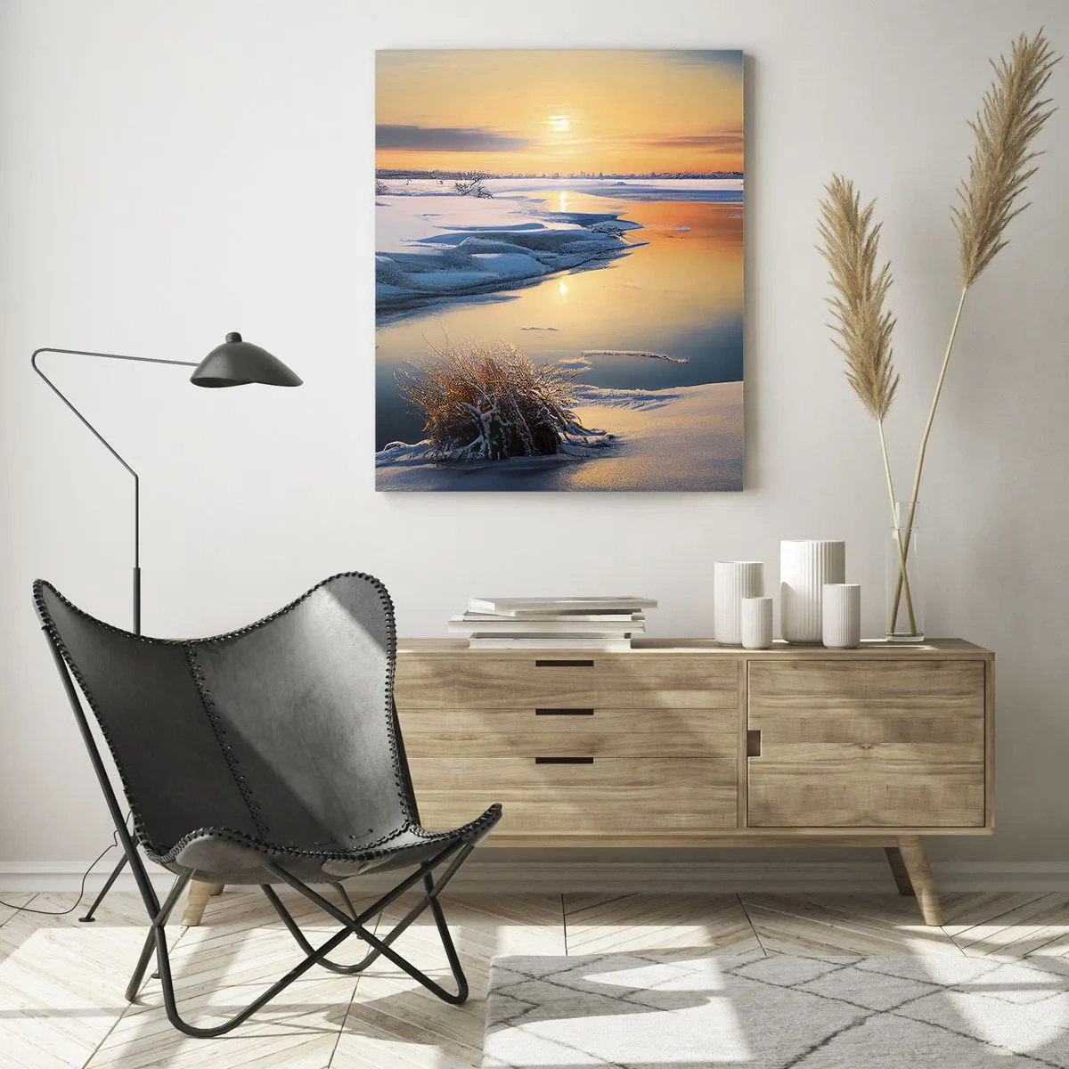 Quadro su vetro - Paesaggio invernale con un fiume al tramonto - 80x120cm - Tramonto invernale - Decorazione murale moderna per soggiorno e camera da letto ARTTOR